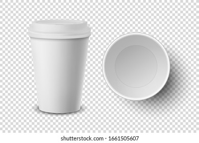 Vector 3d Realistic Disposable Opened Paper, Plastic Coffee Cup for Drinks Icon Set Closeup Isolated on Transparent Background. Design Template, Mockup. Top and Front View