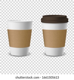 Vector 3d Realistic Disposable Opened and Closed with Lid Paper, Plastic Coffee Cup for Drinks Icon Set Closeup Isolated on Transparent Background. Design Template, Mockup. Front View