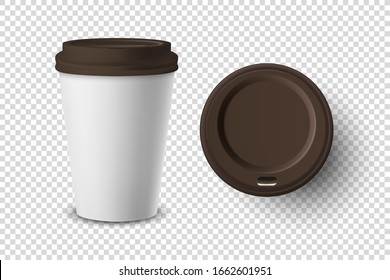 Vector 3d Realistic Disposable Opened Paper, Plastic Coffee Cup for Drinks Icon Set Closeup Isolated on Transparent Background. Design Template, Mockup. Top and Front View