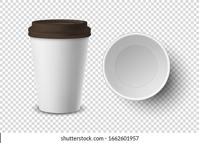 Vector 3d Realistic Disposable Opened Paper, Plastic Coffee Cup for Drinks Icon Set Closeup Isolated on Transparent Background. Design Template, Mockup. Top and Front View