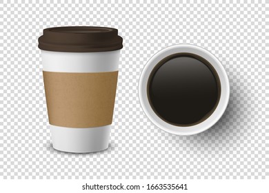 Vector 3d Realistic Disposable Opened Paper, Plastic Coffee Cup for Drinks Icon Set Closeup Isolated on Transparent Background. Design Template, Mockup. Top and Front View