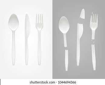 Vector 3d realistic disposable plastic cutlery - spoon, fork, knife and broken tools. Mock up of picnic party tableware isolated icons set on gray background. Template of eco kitchenware