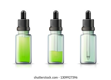 Vector 3d realistic dropper bottle with liquid inside, isolated on white background. Mock-up for product package branding.