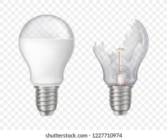 Vector 3d realistic electric lightbulbs. LED technology, eco-friendly, energy-efficient innovation. Illumination equipment with broken glass, sharp splinters. Transparent bulbs isolated on background