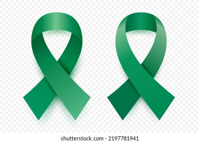 Juego de Cinta Verde Esmeralda Realista Vector 3d. Cierre del Símbolo de Concienciación sobre el Cáncer Hepático. Plantilla Cinta de Cáncer. Concepto del Día Mundial del Cáncer Hepático