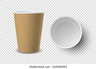 Vector 3d Realistic Empty Brown Disposable Opened Paper, Plastic Coffee Cup for Drinks Icon Set Closeup Isolated on Transparent Background. Design Template, Mockup. Top and Front View