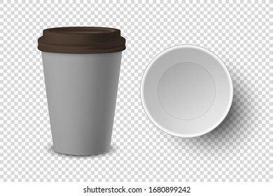 Vector 3d Realistic Empty Gray Disposable Closed, Opened Paper, Plastic Coffee Cup for Drinks with Brown Lid Set Closeup Isolated on Transparent Background. Design Template, Mockup. Top and Front View