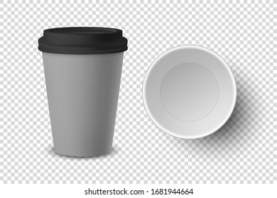 Vector 3d Realistic Empty Gray Disposable Closed, Opened Paper, Plastic Coffee Cup for Drinks with Black Lid Set Closeup Isolated on Transparent Background. Design Template, Mockup. Top and Front View
