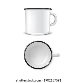 Vector 3d Realistic Enamel Metal Blank White Mug Isolated on White Background. Front and Top View. Design Template for Mock up