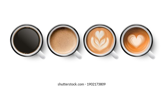 Vector 3d Realistic Enamel Metal White Mug with Black and Foam Milk Coffee Isolated on White Background. Capuccino, Latte, Espresso, Flower, Heart Pattern. Top View. Design Template for Mock up