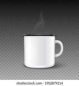 Vector 3d Realistic Enamel Metal Blank White Mug with Hot Drink and Smoke Isolated on Transparent Background. Front View. Tea, Coffee Cup. Design Template for Mockup