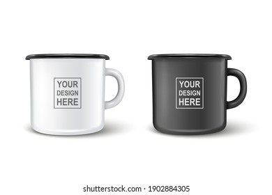 Vector 3d Realistic Enamel Metal Blank White and Black Mug Icon Set Isolated on White Background. Front View. Tea, Coffee Cup. Design Template for Mockup