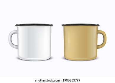 Vector 3d Realistic Enamel Metal Blank White and Black Mug Icon Set Isolated on White Background. Front View. Tea, Coffee Cup. Design Template for Mockup