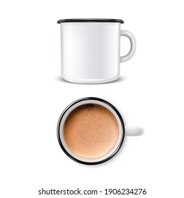 Vector 3d Realistic Enamel Metal Blank White Mug with Foam Milk Coffee Inside Isolated on White Background. Latte, Capuccino. Front and Top View. Design Template for Mock up