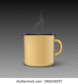 Vector 3d Realistic Enamel Metal Blank Brown Mug with Hot Drink, Smoke Isolated on Transparent Background. Front View. Tea, Coffee Cup. Design Template for Mockup