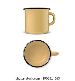 Vector 3d Realistic Enamel Metal Blank Brown Mug Isolated on White Background. Front and Top View. Design Template for Mock up