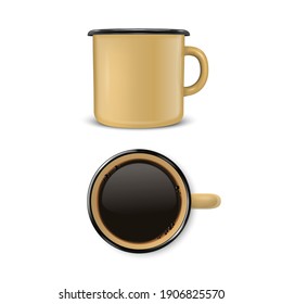 Vector 3d Realistic Enamel Metal Blank Brown Mug with Black Coffee Inside Isolated on White Background. Front and Top View. Design Template for Mock up