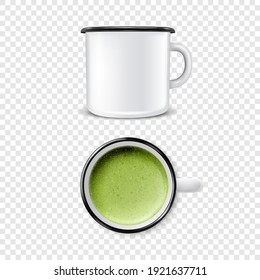 Vector 3d Realistic Enamel Metal Blank White Mug with Green Foam Milk Matcha Inside Isolated on Transparent Background. Front and Top View. Design Template for Mock up
