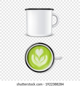 Vector 3d Realistic Enamel Metal Blank White Mug with Green Foam Milk Matcha Inside Isolated on Transparent Background. Front and Top View. Flower, Heart Pattern. Design Template for Mock up