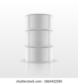 Vector 3d Realistic Enamel White Simple Glossy Metal Oil, Fuel, Gasoline Barrel with Reflection Isolated on White Background. Design Template of Packaging for Mockup. Front View