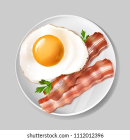 Vector 3d Realistic English Breakfast - Tasty Bacon, Fried Egg With Green Parsley On White Plate. Delicious, Healthy Food On Porcelain Dish Isolated On Gray Background. Natural Nutrition