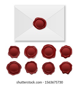 Vector 3d Realistic Envelope and Vintage Retro Stamp Wax Seal Icon Set Closeup Isolated on White Background. Design Template of Red Sealing Wax or Stamps, Labels for Certificate, Document, Letter