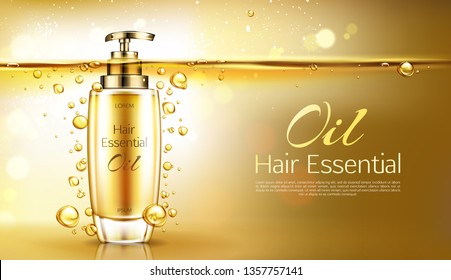 Vector 3d realistic essence in golden glass bottle with pump dispenser. Yellow hair serum under surface of oily liquid with air bubbles, cosmetic background. Oily cosmetics for ad poster, promo banner