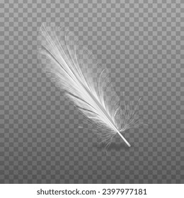 Vector 3d realistic falling feather closeup isolated on transparency mesh background. Design template, image of angel or bird feather.