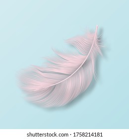 Vector 3d Realistic Falling Pink Fluffy Twirled Flamingo Feather Icon Closeup Isolated on Blue Background. Design Template, Clipart of Angel or Bird Detailed Feather