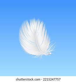 Vector 3d Realistic Falling White Fluffy Twirled Feather Closeup on Blue Sky Background. Design Template of Angel, Bird Detailed Feather. Lightness and Freedom Concept
