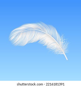 Vector 3d Realistic Falling White Fluffy Feather Closeup on Blue Sky Background. Design Template of Angel, Bird Detailed Feather. Lightness and Freedom Concept