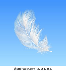 Vector 3d Realistic Falling White Fluffy Feather Closeup on Blue Sky Background. Design Template of Angel, Bird Detailed Feather. Lightness and Freedom Concept