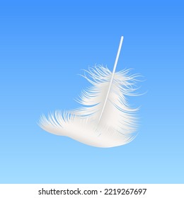 Vector 3d Realistic Falling White Fluffy Feather Closeup on Blue Sky Background. Design Template of Angel, Bird Detailed Feather. Lightness and Freedom Concept