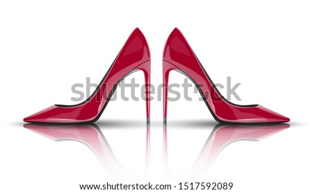 Vector 3d realistic fashion red woman high heels. Isolated on white background with reflection.