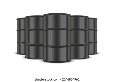 Vector 3d Realistic Five Black Barrels, Hazard Liquid. Caution Barrel, Radioactive, Hazardous Chemical Materials, Toxic Pollution, Many Danger Barrels, Set Closeup Isolated. Front View