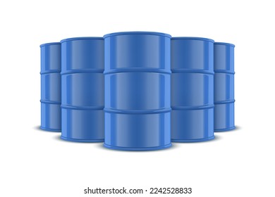 Vector 3d Realistic Five Blue Barrels, Hazard Liquid. Caution Barrel, Radioactive, Hazardous Chemical Materials, Toxic Pollution, Many Danger Barrels, Set Closeup Isolated. Front View