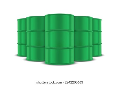 Vector 3d Realistic Five Green Barrels, Hazard Liquid. Caution Barrel, Radioactive, Hazardous Chemical Materials, Toxic Pollution, Many Danger Barrels, Set Closeup Isolated. Front View