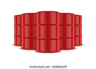 Vector 3d Realistic Five Red Barrels, Hazard Liquid. Caution Barrel, Radioactive, Hazardous Chemical Materials, Toxic Pollution, Many Danger Barrels, Set Closeup Isolated. Front View