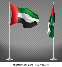 Vector 3d realistic flags of United Arab Emirates on steel poles isolated on transparent background. National symbol of UAE, silk waving banner on flagpole in green, white, black and red colors