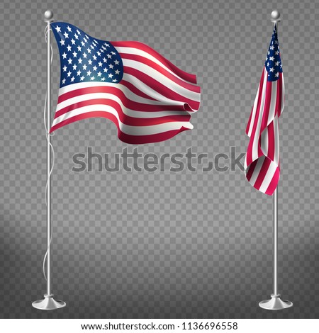 Vector 3d realistic flags of United States of America on steel poles isolated on transparent background. National symbol of USA, silk waving banner with red and white stripes, with stars on blue color