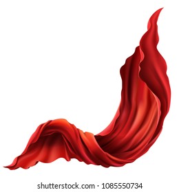 Vector 3d realistic flying red fabric. Flowing satin cloth isolated on white background. Abstract decorative scarlet velvet textile or silken flag