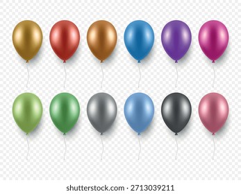 Vector 3d lámina realista metálico colorido globo conjunto de iconos, aislado. Globos coloridos del partido, aislados. Globos de cumpleaños. Globo de helio para la celebración, decoración festiva, diseño del acontecimiento.