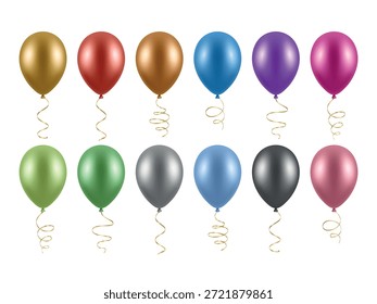 Vetor 3d Realistic Foil Metallic Colorful Balloon Icon Set, Isolado. Balões coloridos, isolados. Conjunto de balões de aniversário. Balão de hélio para celebração, decoração festiva, design de eventos
