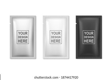 Vector 3d Realistic Foil, White, Black Long Slim Blank Packaging Set Isolatedon White Background. Coffee, Tea, Salt, Sugar, Spices, Sachet, Wet Wipe Wrapper. Design Template, Packing, Mockup. Top View