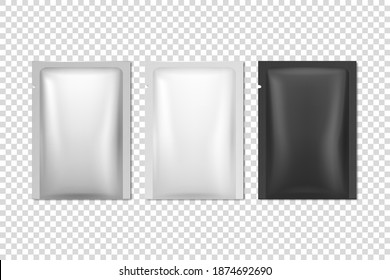 Vector 3d Realistic Foil, White and Black Slim Blank Packaging Set Isolated. Coffee, Tea, Salt, Sugar, Spices, Sachet and Wet Wipe Wrapper. Design Template, Packing, Mockup. Top View