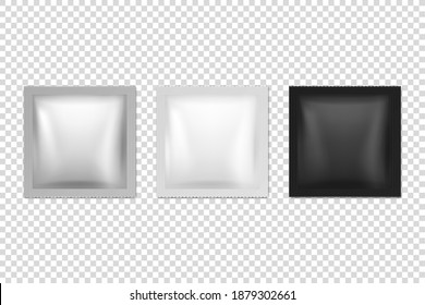 Vector 3d Realistic Foil, White, Black Square Blank Packaging Icon Set Closeup Isolated. Coffee, Tea, Salt, Sugar, Spices, Wet Wipes Wrapper, Sachet. Design Template of Packing for Mockup. Top View