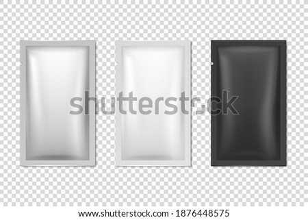 Vector 3d Realistic Foil, White and Black Slim Blank Packaging Icon Set Closeup Isolated. Coffee, Tea, Salt, Sugar, Spices, Wet Wipe Wrapper, Sachet. Design Template, Packing, Mockup. Top View