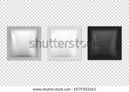 Vector 3d Realistic Foil, White, Black Square Blank Packaging Icon Set Closeup Isolated. Coffee, Tea, Salt, Sugar, Spices, Wet Wipes Wrapper, Sachet. Design Template of Packing for Mockup. Top View