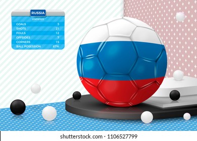Vector 3d realistic football ball with russian flag, scoreboard, isolated in corner wall abstract scene with podium, white and black objects.