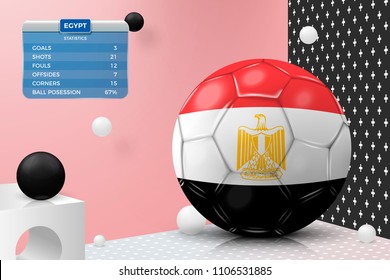 Vector 3d realistic football ball with egypt flag, scoreboard, isolated in corner wall abstract scene with podium, white and black objects.